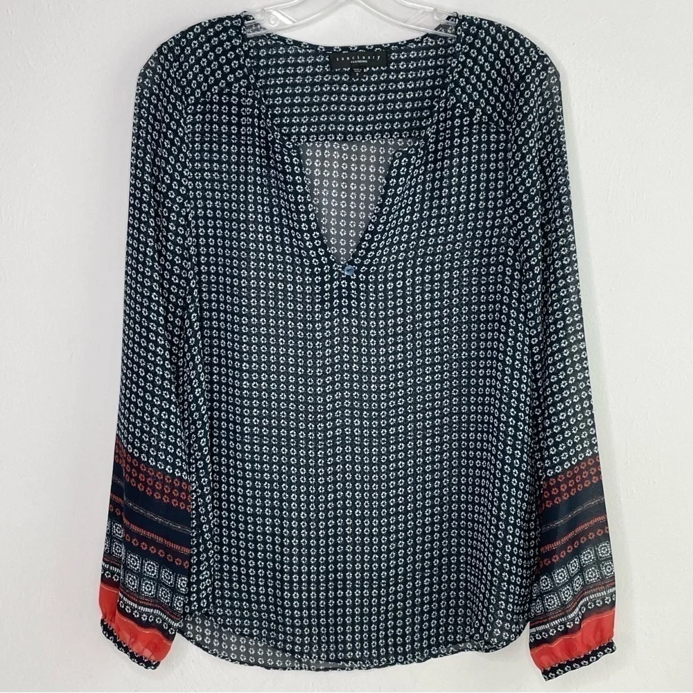 SANCTUARY Boho Print Patterned Semi-Sheer Long Sleeve Blouse Women's Small - Picture 13 of 15